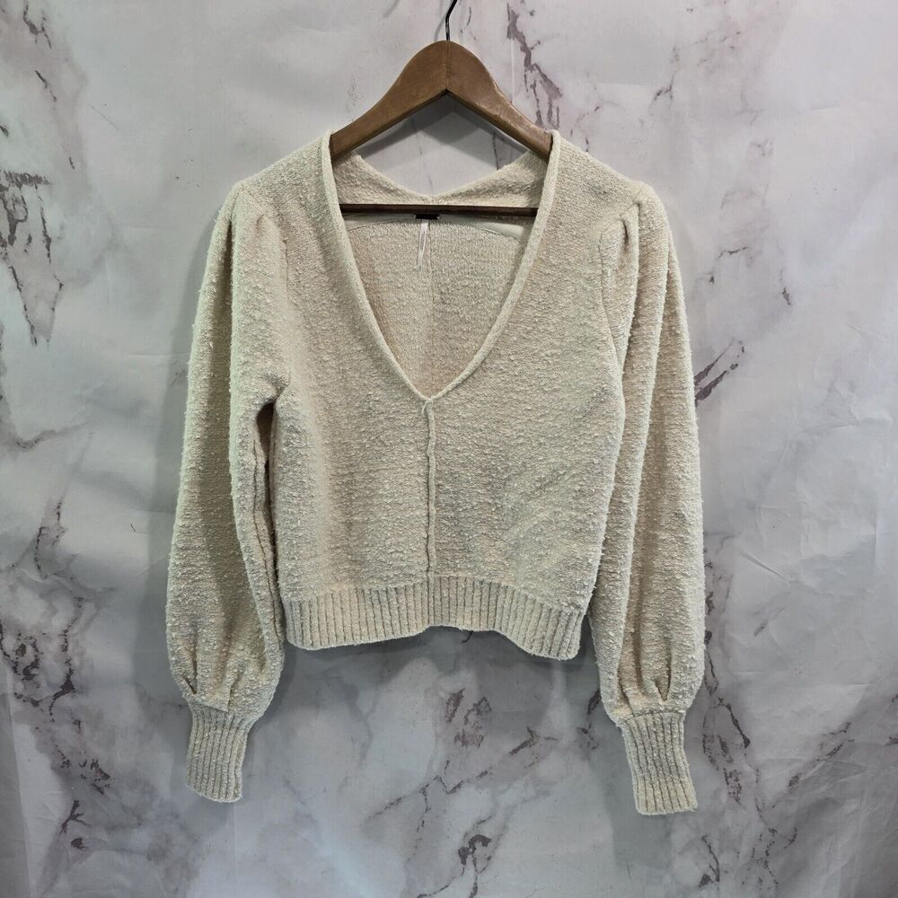 Free People Sweater Womens XS Cream Cropped Slouchy Puff Peated Seamed